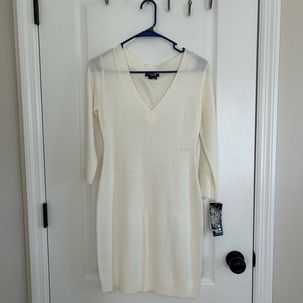 3/4 length sleeve off white sweater dress